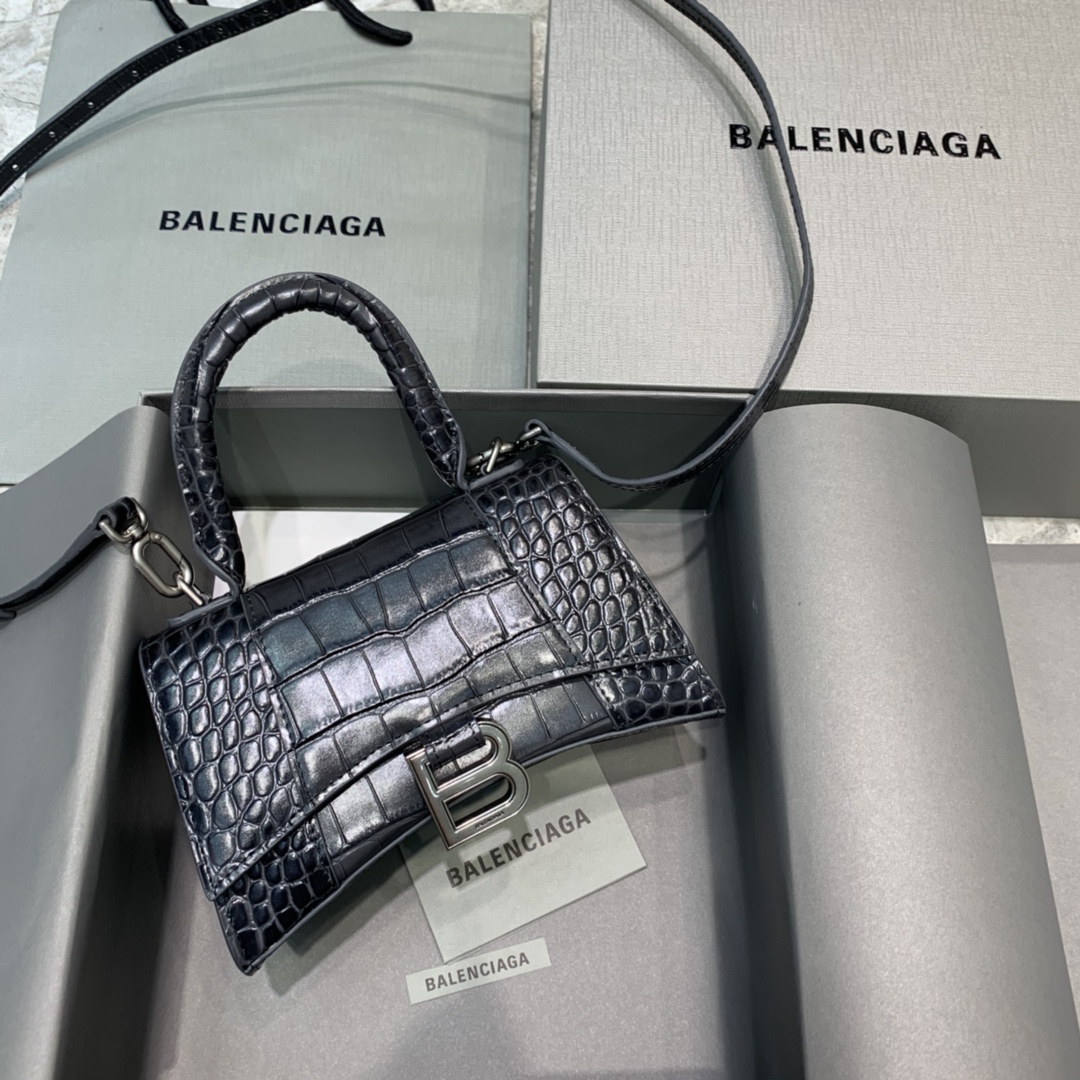 Balenciaga Hourglass XS Handbag Crocodile Embossed Shoulder Bag Black